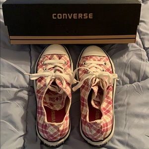 White and reddish pink plaid Converse sneakers